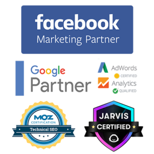 Collage of multiple logos, including, Jarvis certification, Google Partner, Facebook Marketing Partner, Adwords, Analytics, Moz